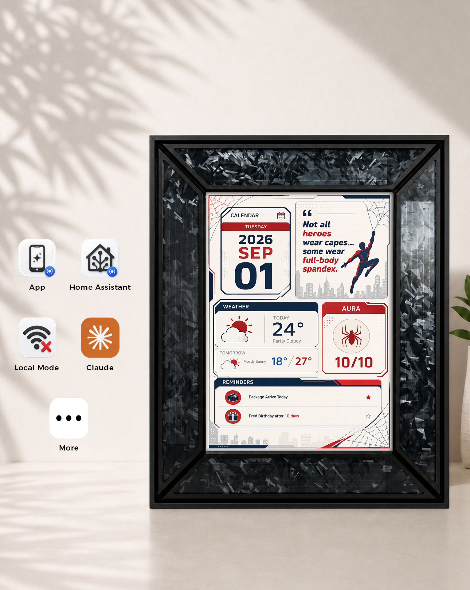 Inkanva controlled through the app, Home Assistant, local mode, and AI agents