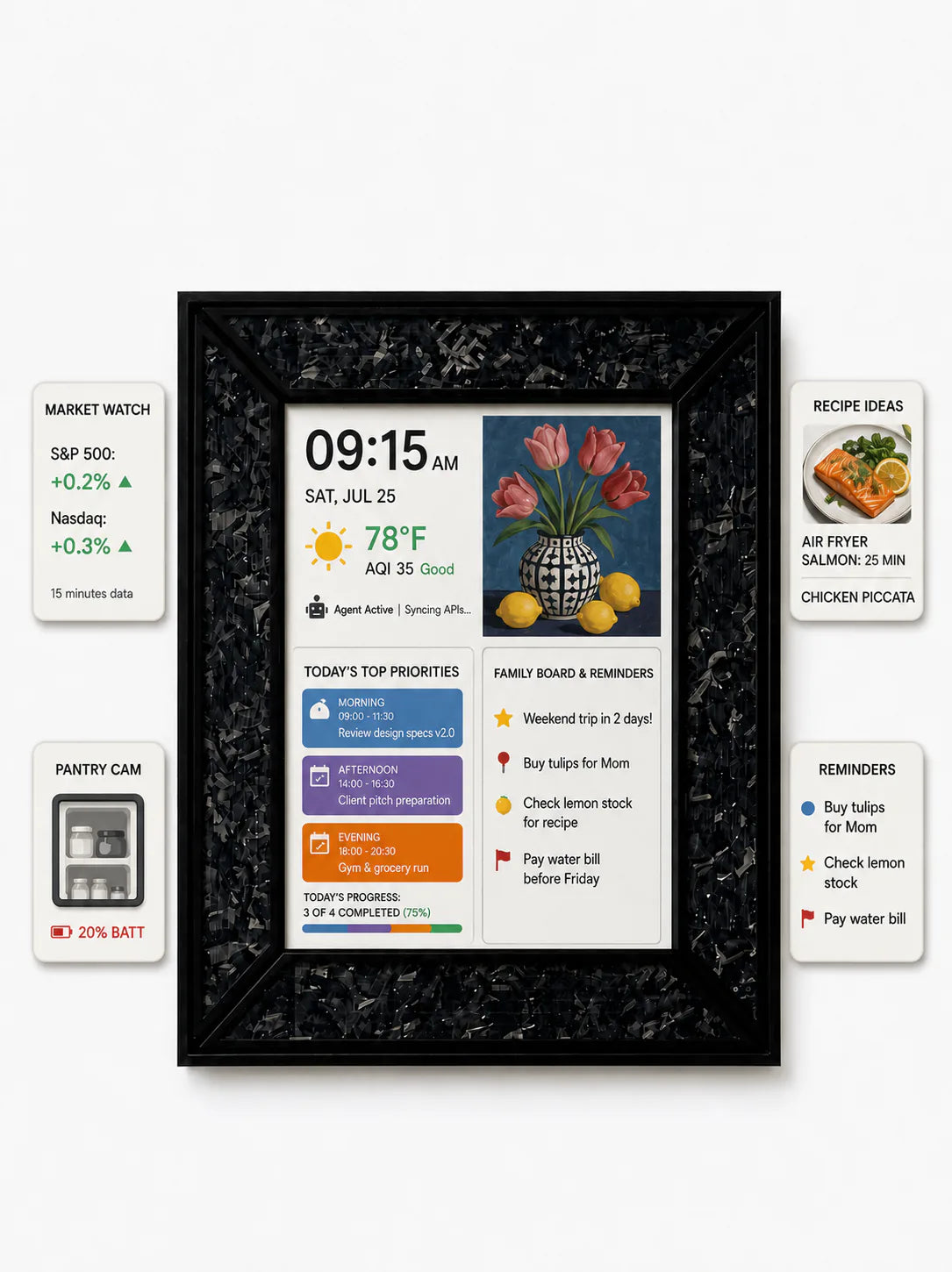 An AI-controlled Inkanva dashboard with schedules, reminders, and live information