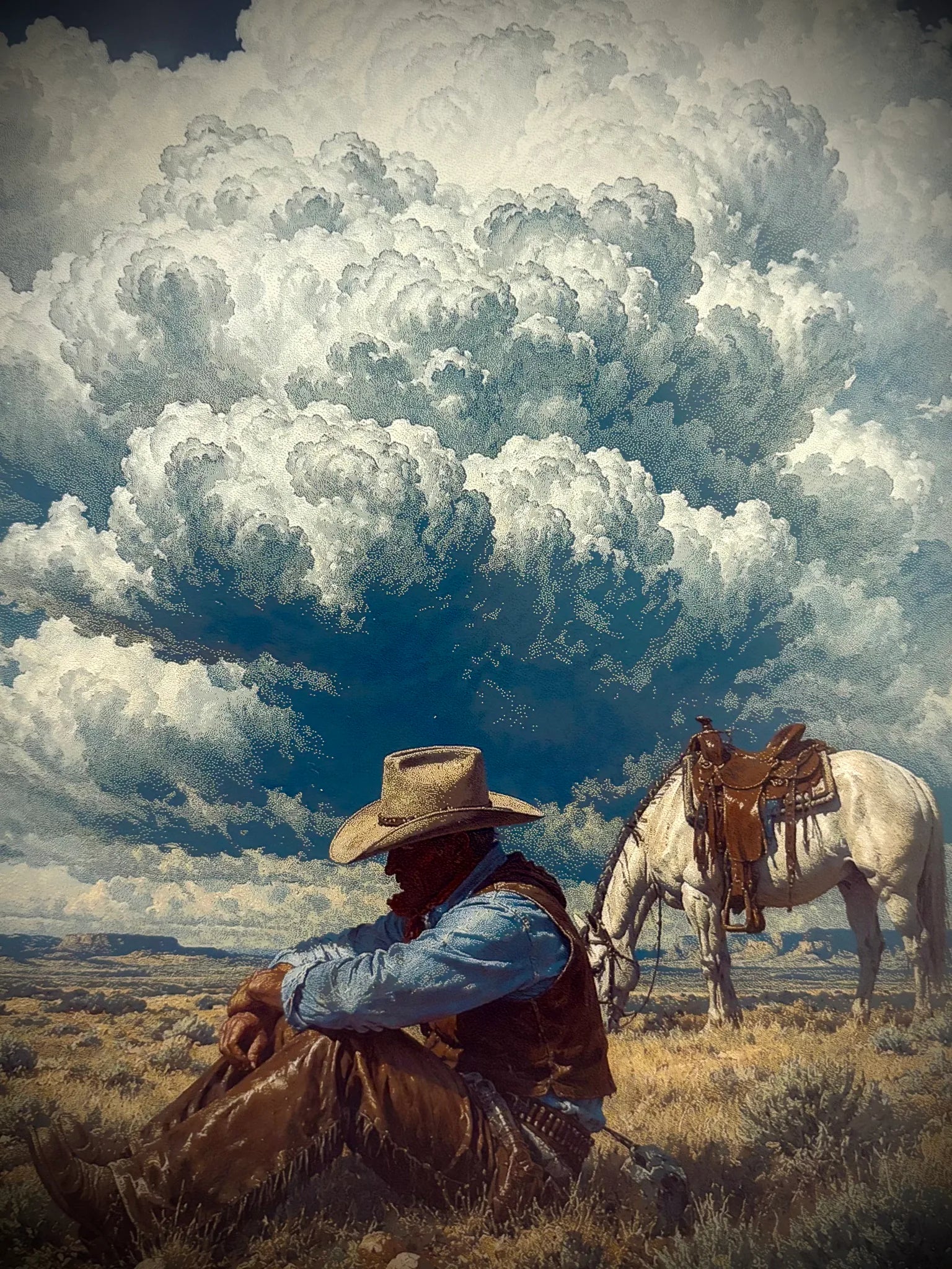 A detailed cumulus-cloud artwork demonstrating Inkanva color e-paper clarity