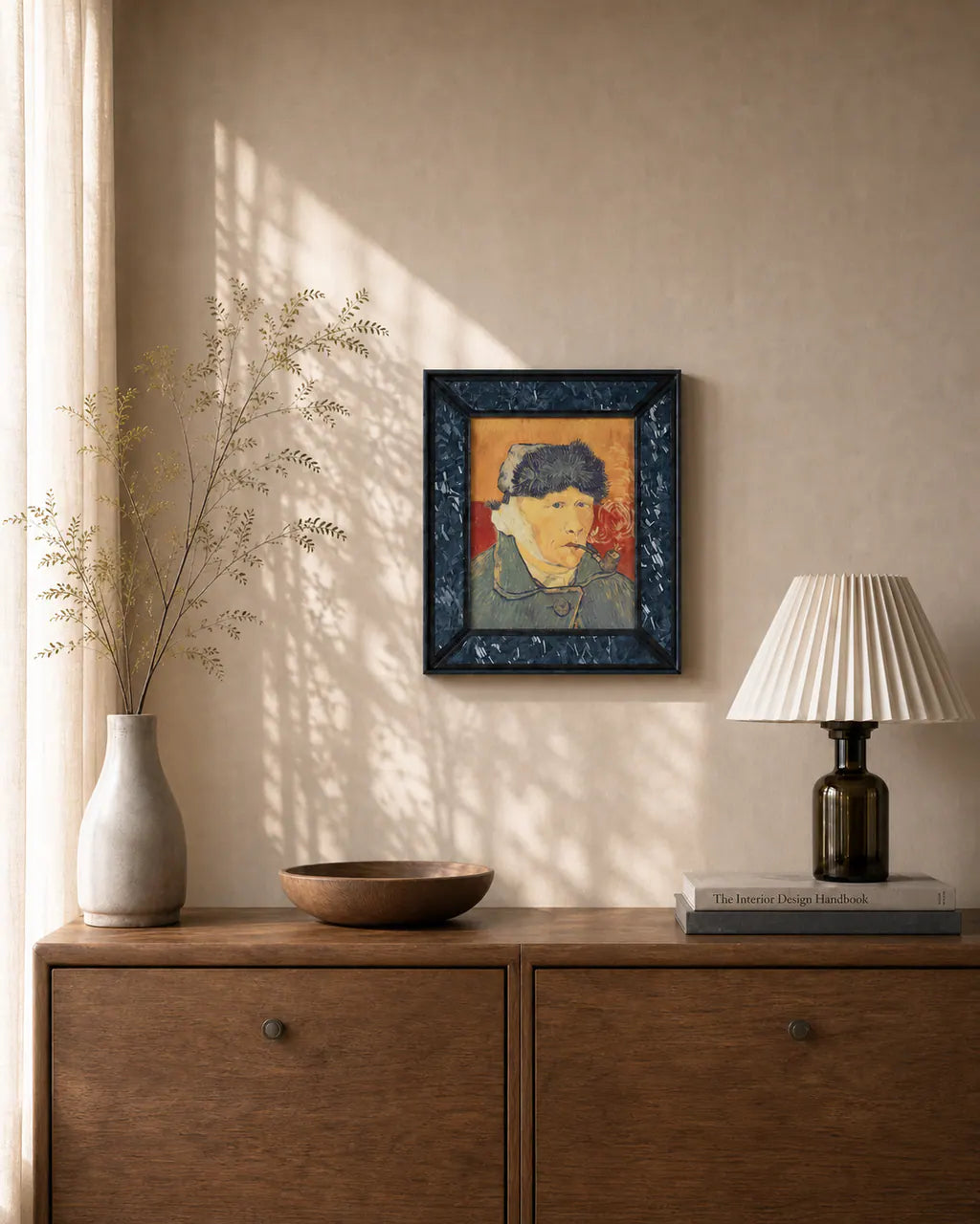 A cordless Inkanva frame hanging freely in a warm interior