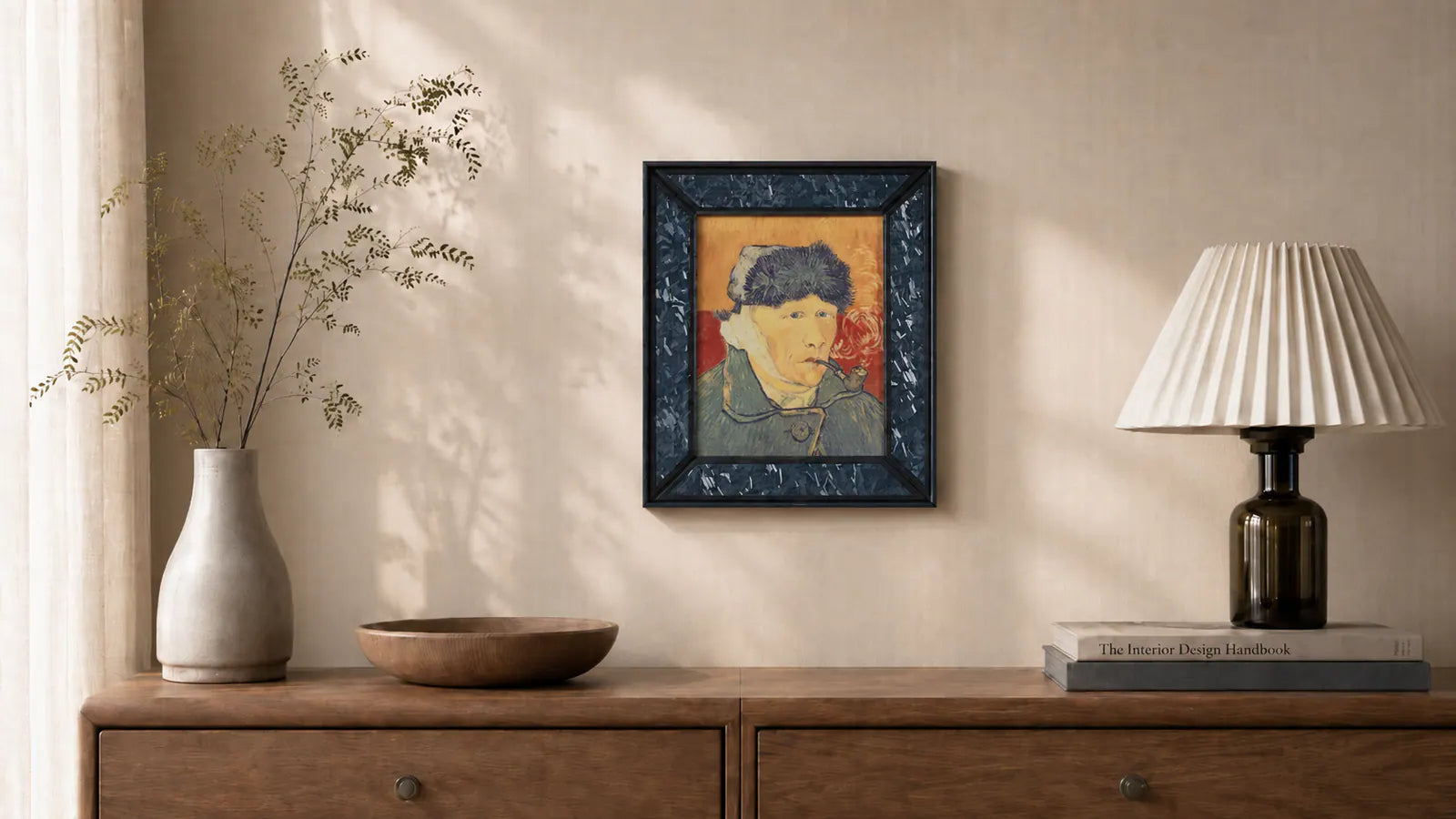 A cordless inkanva art frame displayed in a calm living space